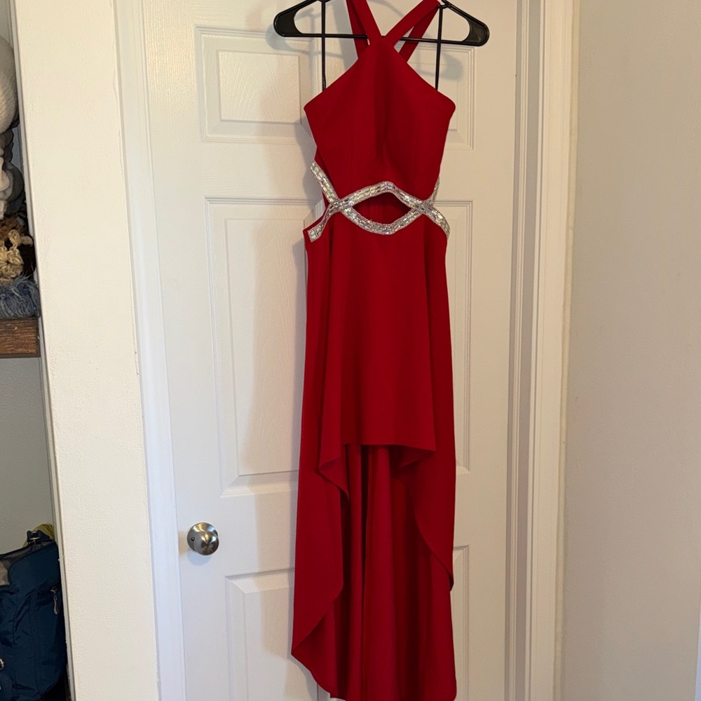 Speechless Red High-Low Dress with Crystal Waist Detail